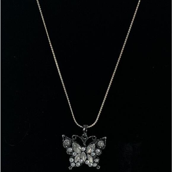 Black Beaded Butterfly Pendant Necklace with Silver Tone Chain - Picture 2 of 6